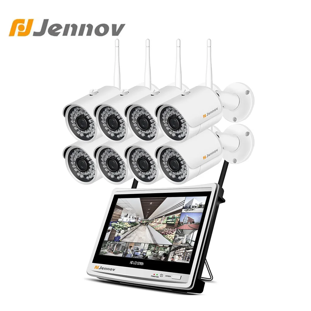 Jennov 2MP 1080 P безопасности дома Камера Системы Беспроводной CCTV Wi-Fi видеонаблюдения NVR 1080 P P2P HD 12 дюймов ЖК-дисплей монитор IP 66