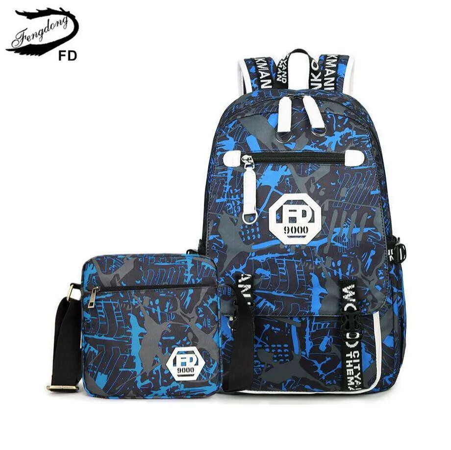 FengDong 2pcs male backpack bag set black and white high school bags