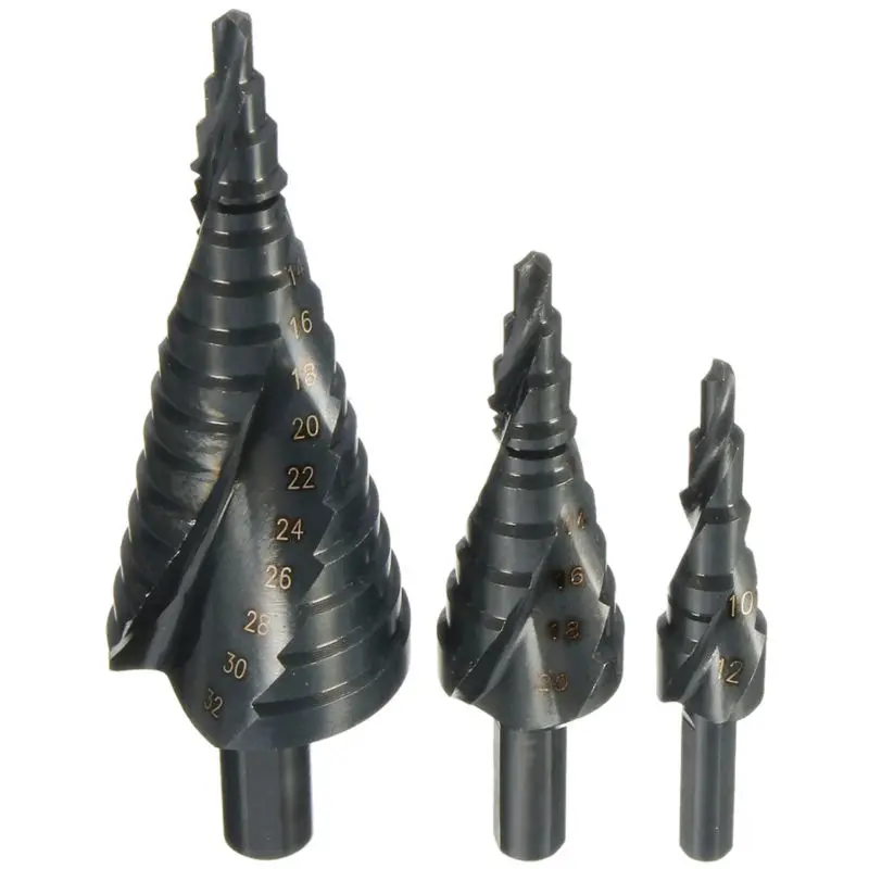 

3Pcs HSS Step Drill Bit 4-12 4-20 4-32mm Spiral Groove Coated Metal Titanium Groove Step Drill Bit Ladder Drill Bit Cut Tool Set