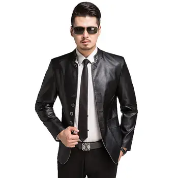 

2019 winter men's Single Breasted mandarin collar PU leather Jacket solid slim modern locomotives men jacket