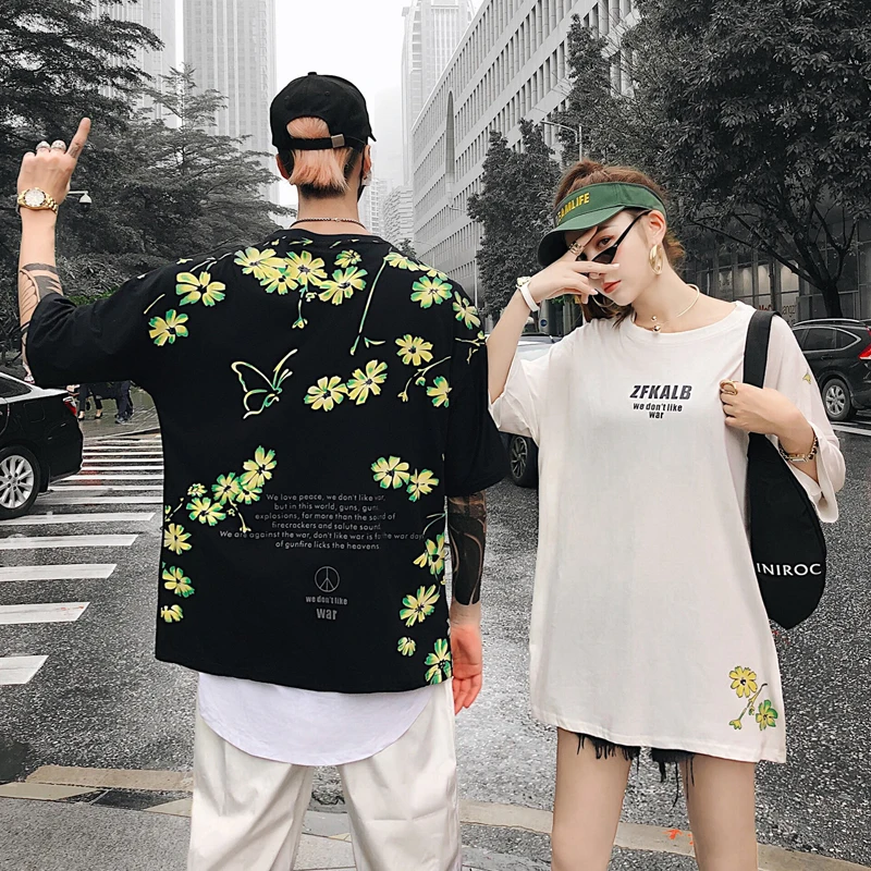 

Men's T-shirt 2109 Summer New Cotton Loose Round Neck Pullover Couple Hip Hop Short-sleeved Printing Youth Casual Men's Clothing