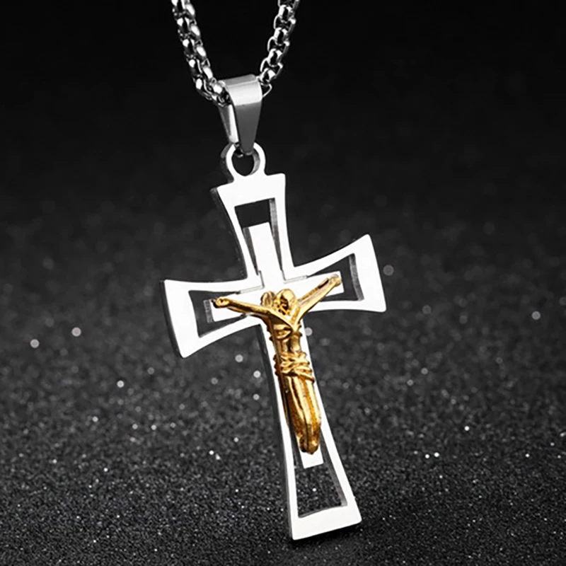 

Fashion Gold Jesus Piece Cross Pendant Necklaces For Men Stainless Steel Chain Silver Cross Men's Necklace Religious Jewelry