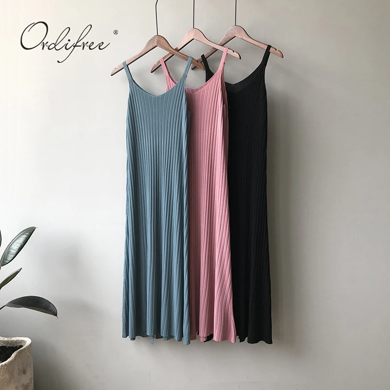 

Ordifree 2019 Summer Women Long Knitted Dress Spaghetti Strap Sexy Sleeveless Split Maxi Slip Dress