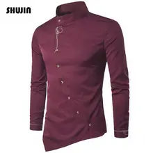 SHUJIN с воротником-стойкой, с длинными рукавами, с вышивкой, мужская рубашка, повседневная Асимметричная рубашка, мужская хлопковая рубашка в винтажном стиле, рубашка Camisa Hombre