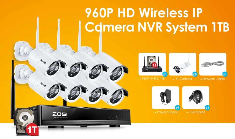 ZOSI 960P 8CH Беспроводной NVR CCTV Системы Wi-Fi 1.3MP ИК Открытый Пуля P2P IP Камера Водонепроницаемый камера наружного видеонаблюдения комплект 1 ТБ