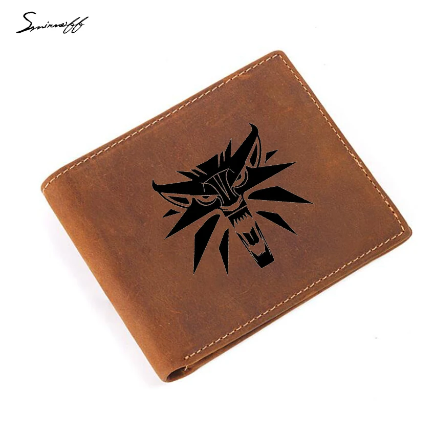 

Leather Wallet Men Short Coin Pocket Purse RFID Credit Card Holders Engraved The Witcher 3 Wild Hunt Medallion Logo Wolf Wallet