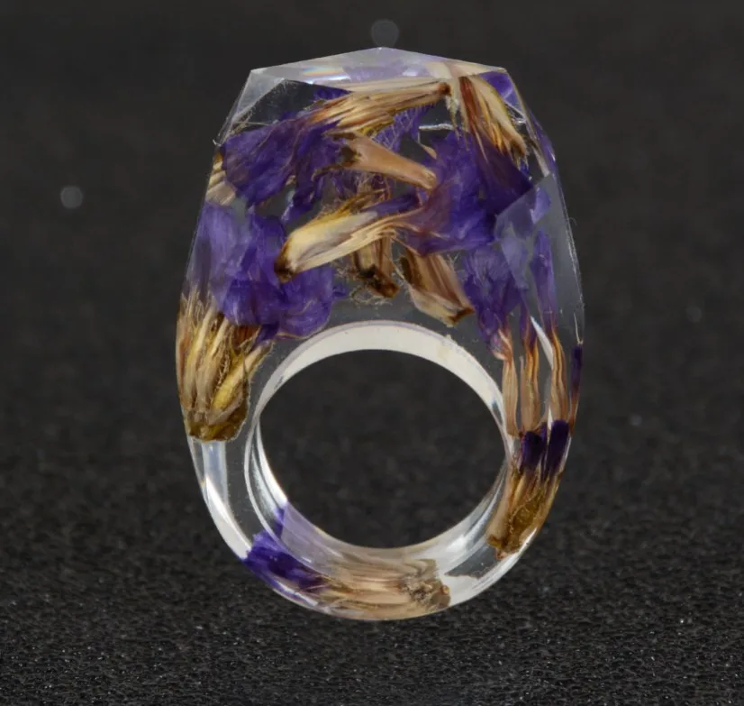 

RED SNAKE Fashion Pure Manual with purple and yellow Flower Inside Transparent Resin multiple slice Ring for Women Men Rings