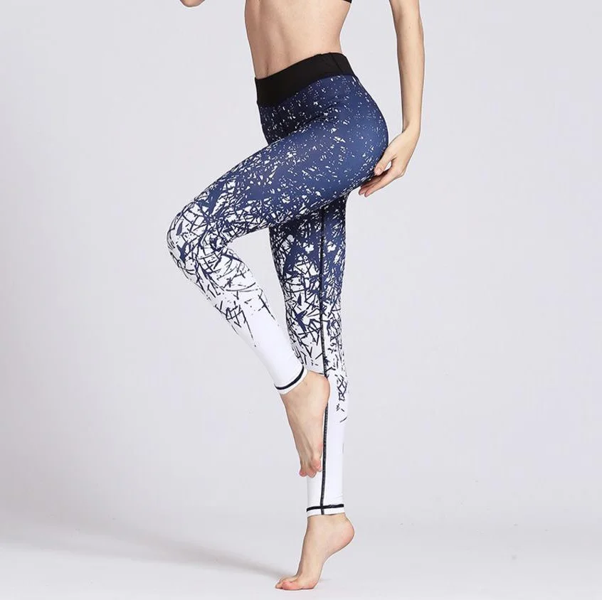 Сексуальные спортивные штаны для йоги для женщин с высокой талией, для фитнеса, набивные колготки для спортзала, леггинсы для упражнений, контроль живота для бега - Цвет: Blue White Gradient