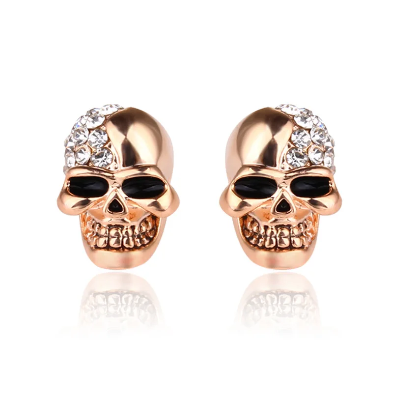 1pair Alloy Silver Rose Gold Color Rhinestone Punk Skull Stud Earrings