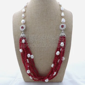 

N010302 31" 6Strands White Baroque Pearl Red Stone Necklace