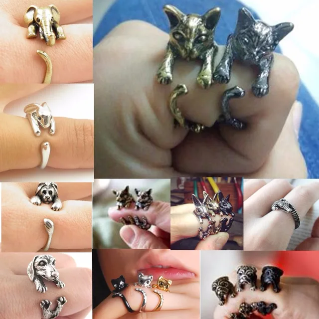 QIAMNI Handmade Cute Animal Ring for Women Men Cat Wolf Lion Rabbit Horse Dog Ring Birthday Jewelry Pet Lover Gift Accessories