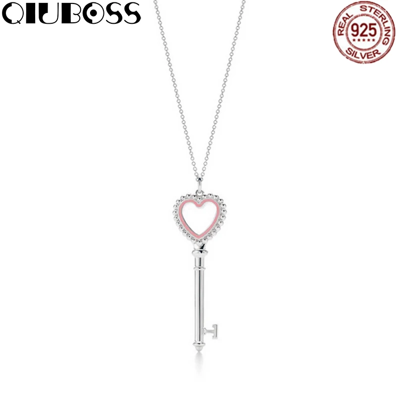 

QIUBOSS TIFF 925 Streling silver Trendy Heart Pendant Pink key Charm Bead Women Necklace Jewelry
