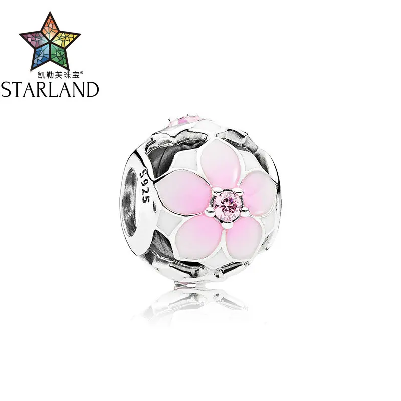 

Starland Fine 100% 925 Sterling Silver Flower Magnolia Pink Enamel Bead Charms DIY Making Jewelry Fits Original Charm Bracelets