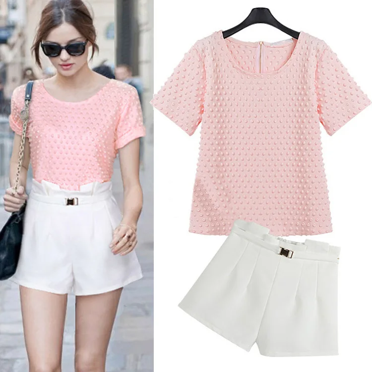 summer women set 2014 new bump bubble design short sleeve t shirts + high waist width legs sets for ladys 6888 | Женская одежда