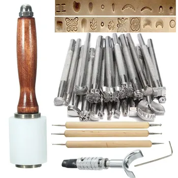 

Newly 25Pcs/Set Manual Leather Craft Stamping Carved Wooden Hammer Embossing Tools Kit MK