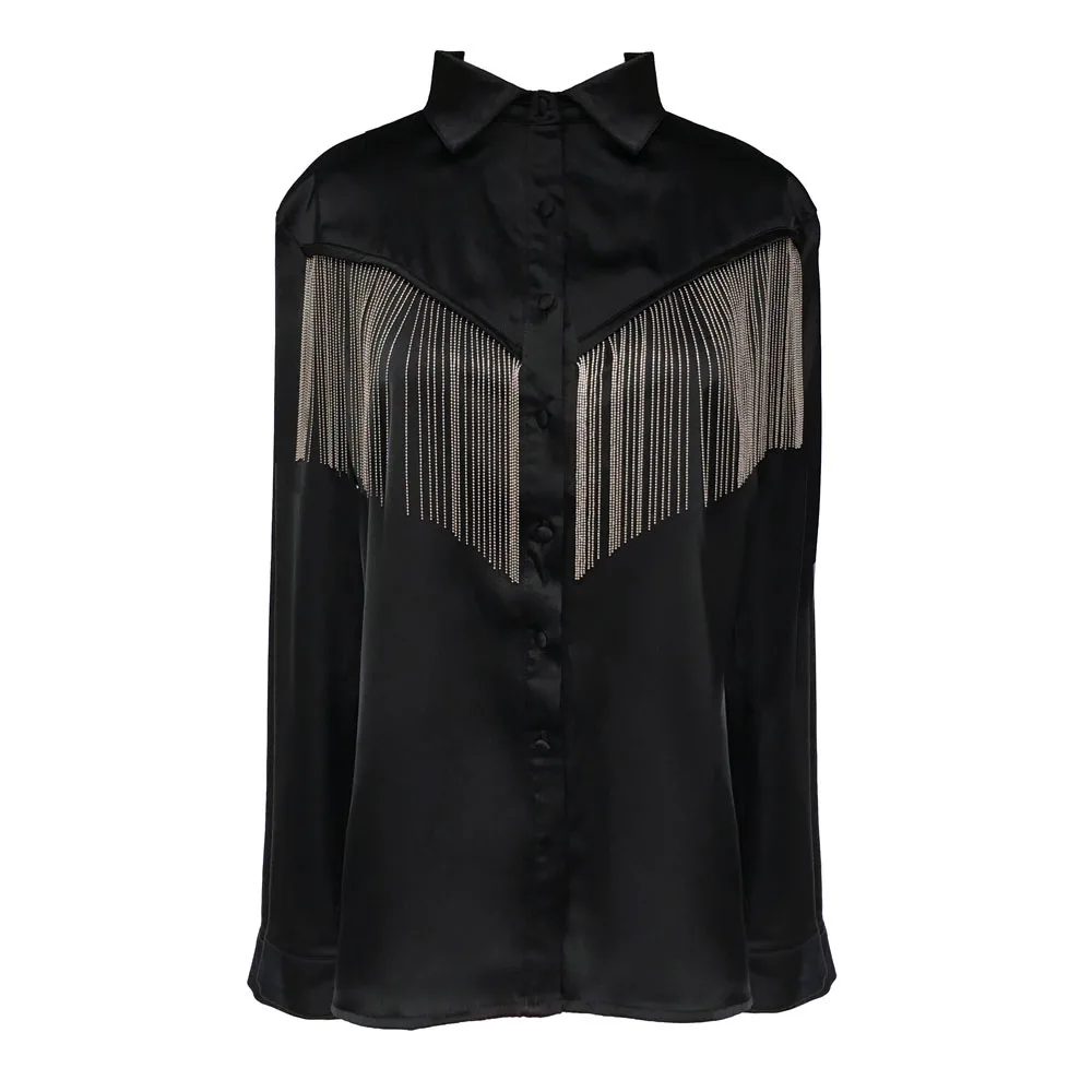 GETSRING Woman Shirt Chain Tassel Stitching Black Women Blouses Tassel Black Long Sleeve Loose