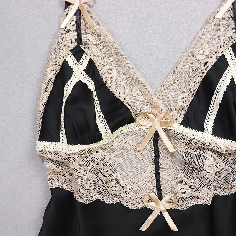 Сексуальная кружевная женская летняя ночная рубашка без черных пустотелых ледяных шелковых атласных белья Спагетти ремень модная Пижама