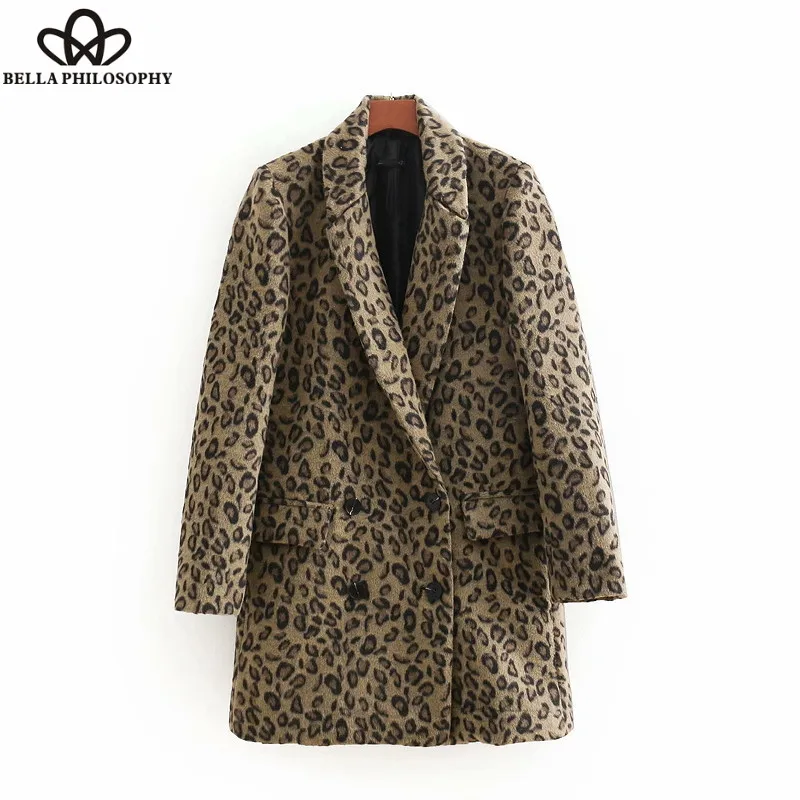 

Bella Philosopy 2018 leopard pattern woolen overcoat winter autumn long sleeve buttons outerwear coat lady chic casual slim tops