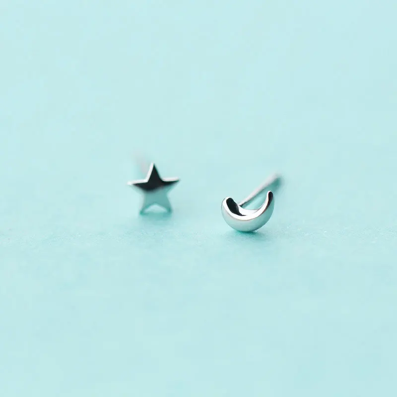 

MloveAcc 925 Sterling Silver Cute Mini Moon Stars Asymmetric Stud Earrings for Women Romantic Girl Gift