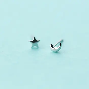 MloveAcc 925 Sterling Silver Cute Mini Moon Stars Asymmetric Stud Earrings for Women Romantic Girl Gift