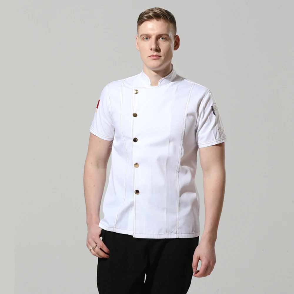 Унисекс Кук одежда мужская однобортная высокое качество Кухня Кук Униформа с короткими рукавами Ресторан пекарня фартуки для официантов рубашка