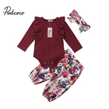 Комплект из 3 предметов, весенний комплект одежды с длинными рукавами для новорожденных девочек, комбинезон с цветочным рисунком+ штаны+ повязка на голову, комплекты одежды для девочек