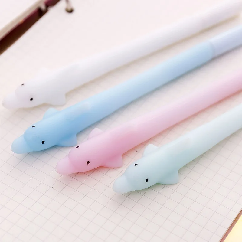 Coloffice 4Pcs Cartoon Pure Color Cute Soft Silicone Rubber Dolphin Gel Pen 0.35mm Black Ink Stationery School Office Supplies