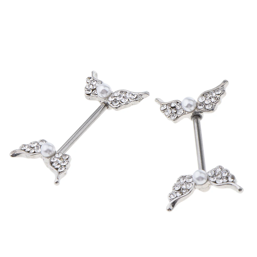 1 Pair Crystal Pearl Beads Angel Wing Shield Barbell Nipple Ring Stainless Steel Body Piercing 14 Gauge