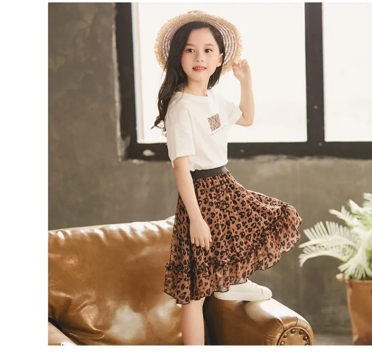 Girls Clothes Set Summer White Shirt with Leopard Cake Skirt 2 Pieces Sets Little Kids Casula Cotton Clothing Suit