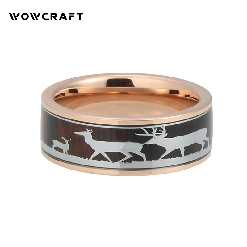 8mm Mens Womens Rose Gold Tungsten Carbide Ring Deer Family Black wood Inlay Engagement ring Wedding Band Father's Mother's Gift Fashion Jewelry