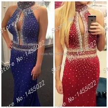 Royal Blue Abendkleider Abendkleid Rot Kristall Schnelle Verschiffen High Neck Mermaid Strass Prom Kleid Mit Stones Red Perlen