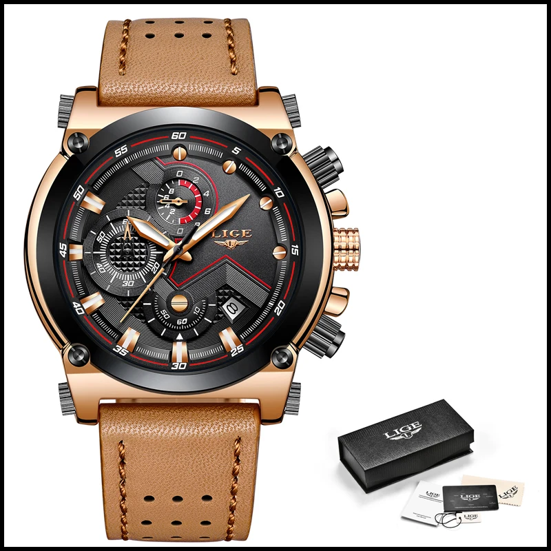 

LIGE Fashion Mens Watches Top Brand Luxury Casual Sport Quartz Watch Men Leather Waterproof Military Watch Relogio Masculio+Box