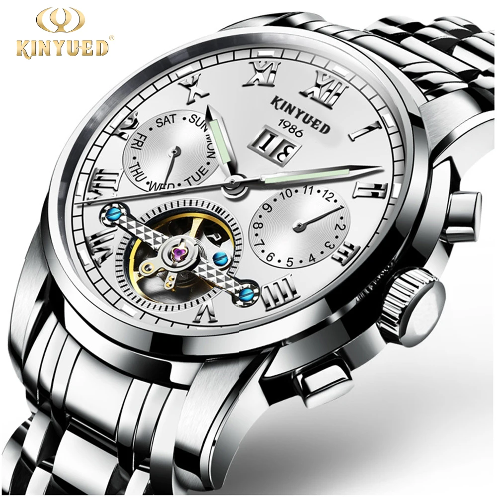 2017 Kinyued Skeleton Tourbillon Mechanické hodinky Řemínek z nerezové oceli Luminous Waterproof Automatic Mechanical hodinky Značka