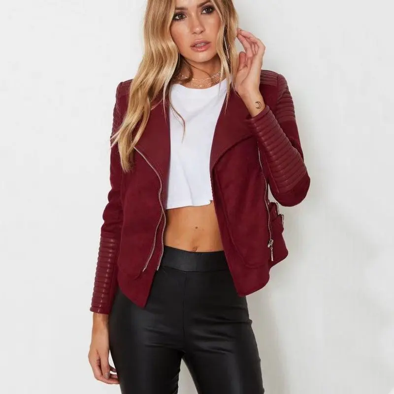 2018 New Women Autumn Winter PU + Suede Faux Leather Jackets Lady Brown Matte Motorcycle Biker Zippers Coats Sexy Outerwear
