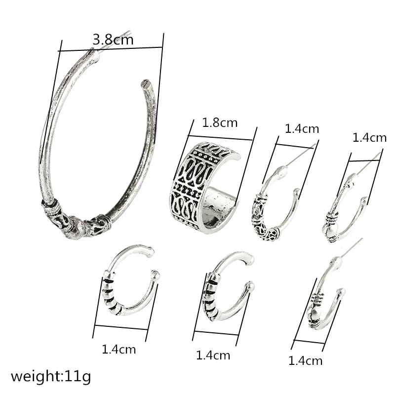 E0263 в богемном стиле Стиль серебро Цвет серьги в стиле панк Винтаж обруч серьги-клипсы для Для женщин 7 шт./компл. Лидер продаж