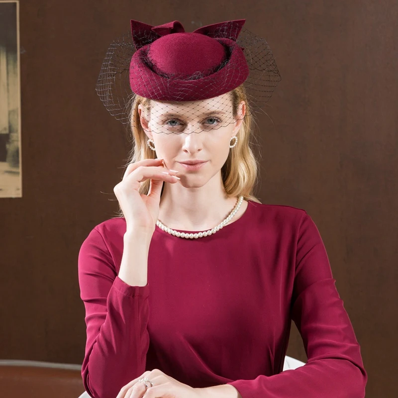 

Lady Fedoras Hats Girls New Wool Yarn Net Wool Cap Veil Bowtie Fedoras Hats Wool Hood Bowknot English Wine Red Hat Adjust A17
