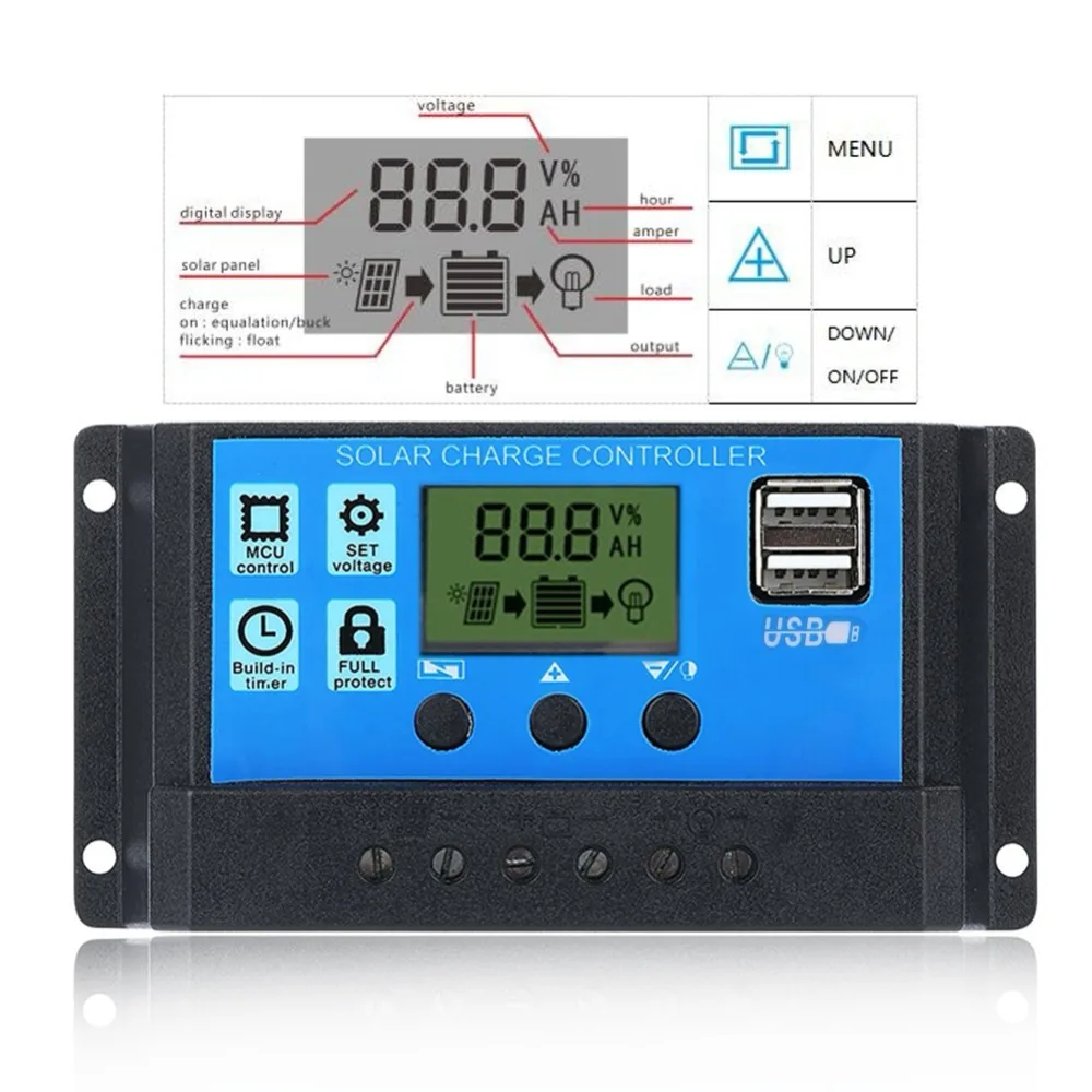 ЖК-дисплей PWM 10/20/30A Dual USB Панели солнечные Батарея регулятор заряда аккумулятора 12/24V