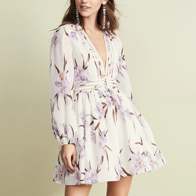 

Brand Designer Print Flower Dresses Women V Neck Long Sleeve High Waist Mini A Line Dress Female Short Dress Holiday Beach Dress