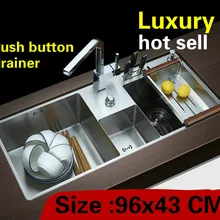 Большая роскошная кухонная ручная раковина с двойным канавком, кнопка слива, 304 нержавеющая сталь,, 96x43 см