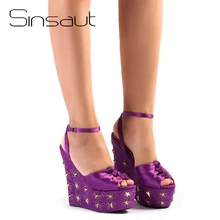 Sinsaut женская летняя обувь фиолетовый шелк обувь на платформе Обувь на высоком каблуке обувь с ремешком на щиколотке с открытым носком Золотая Звезда дизайн сандалии