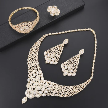 

Deluxe African Engagement Necklace CZ dubai gold jewelry sets for women Necklace Earrings fashion jewelry Ring Bracelet Jewelry