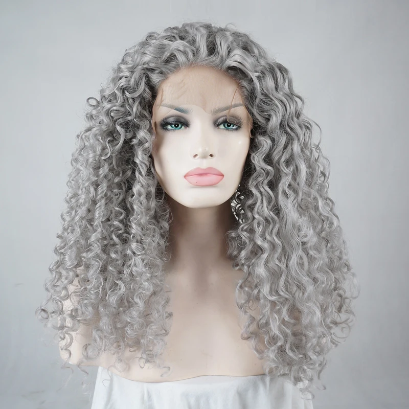 24" Afro Gray Hair Curly Long Halloween Lace Front Wig Heat Resistant