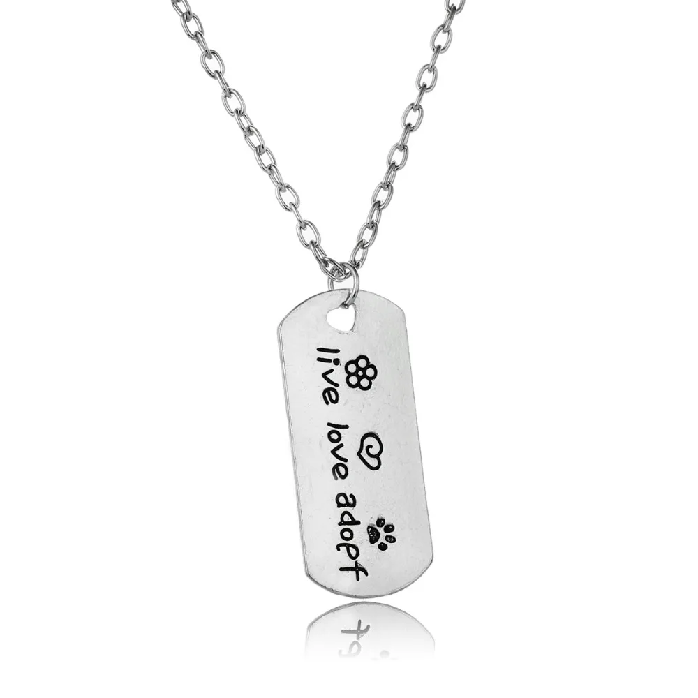24PC Wholesale Rectangular Dog Tag Style Pendant Necklace Cat Dogs &quot live love adopt &quotPaw Prints Jewelry For Pet Lover Charm |