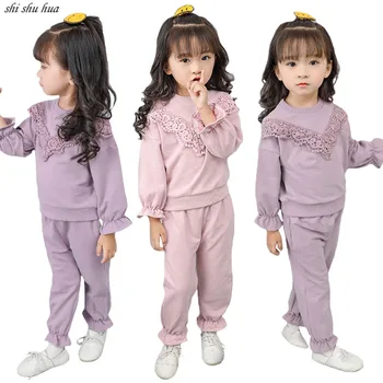 

Girls Clothes Spring Autumn Two-piece Flower Side Long-sleeved Children's T-shirt Pants Cotton 2-8 Y Child Quality Clothing