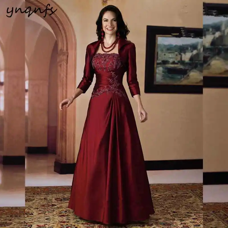 YNQNFS 2 Piece Burgundy Mother of the Bride Dresses with Jacket Bolero 3/4 Long Sleeve Groom Outfits Vintage Elegant MD300 - Цвет: burgundy