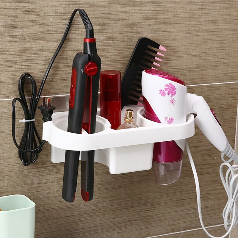 البلاستيك ماجيك ملصقات حفرة مزدوجة مجفف الشعر تخزين الرف رفوف الحمام الخشب الرقائقي متعددة الوظائف المنظم الحمام اكسسوارات