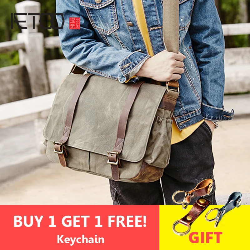 

AETOO Men's shoulder computer bags, waterproof canvas bags retro SLR camera bags wax-dyed canvas men's Shoulder photography bags