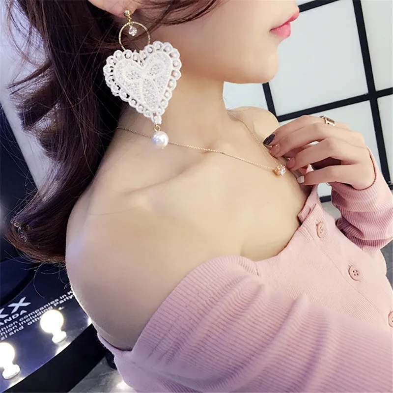 

Doreen Box Fashion Heart Lace Stud Earrings New Design White Imitation Pearls Girls Earrings Jewelry 9x5cm, 1 Pair