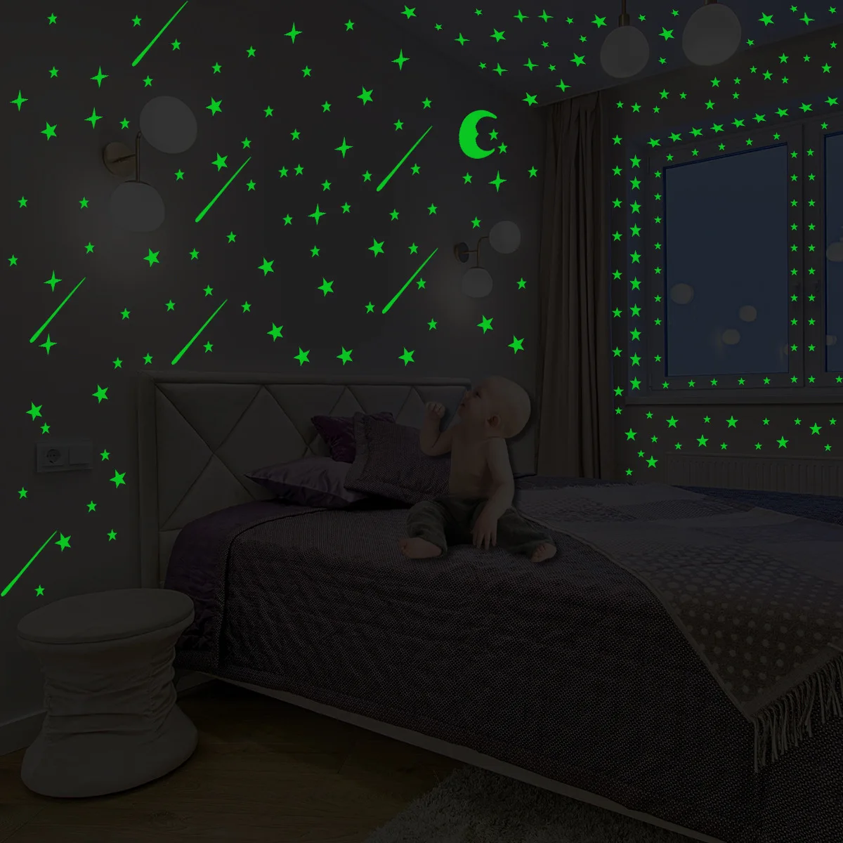 3D Sticker Green Night Star Moon Meteor Composition  Wall Paste Livinghome Decoration Accessories