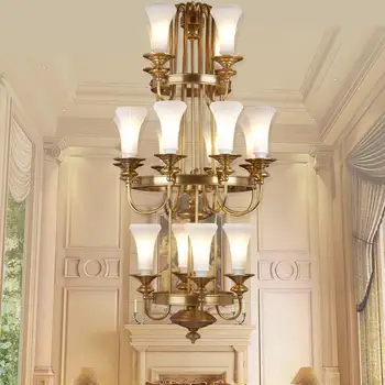 

Antique brass stairwell chandelier glass lampshade Villa church lighting led lamparas staircase lamp copper hotel chandeliers